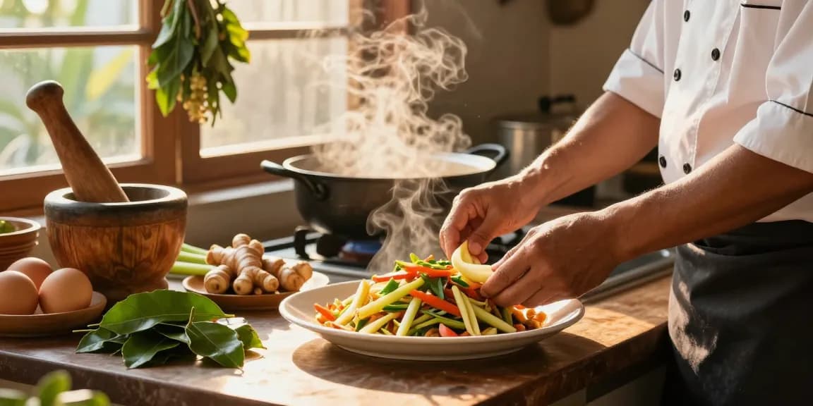 Prepare delicious and healthy Thai dishes featuring ginger, lemongrass, and nutritious ingredients in a cozy kitchen setting with สล็อต elements.