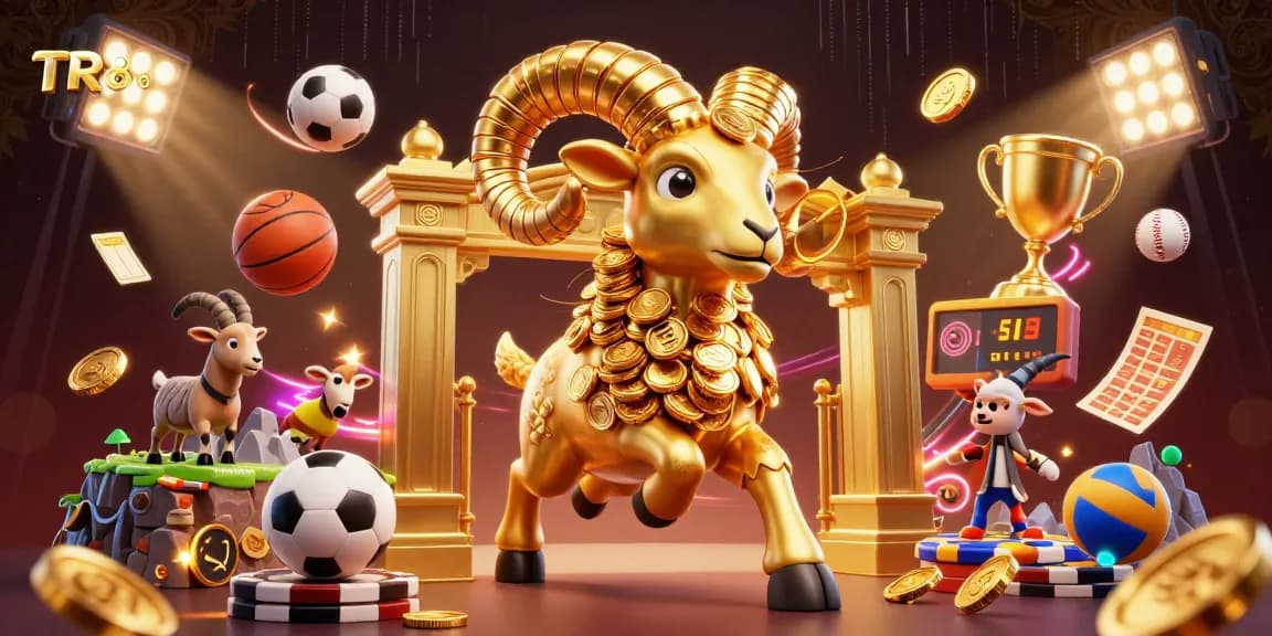 Engage with the TR88 casino experience featuring a golden ram and dynamic sports-themed elements.
