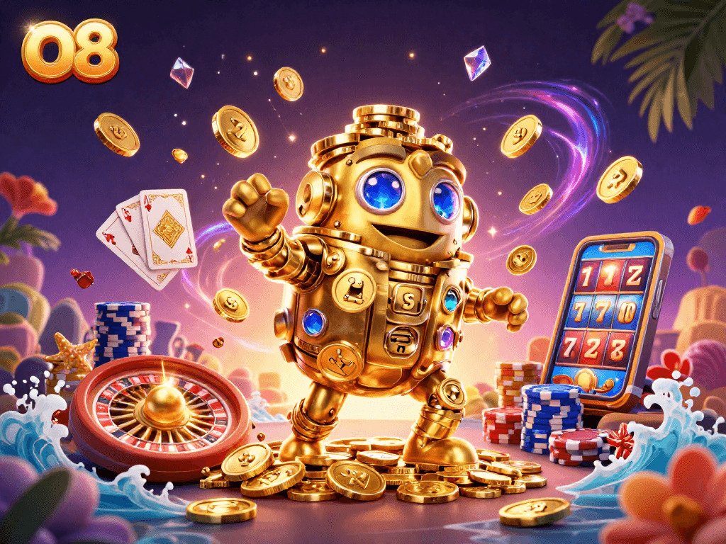 Experience the thrilling excitement of O8 with this vibrant casino illustration featuring a golem and floating coins.