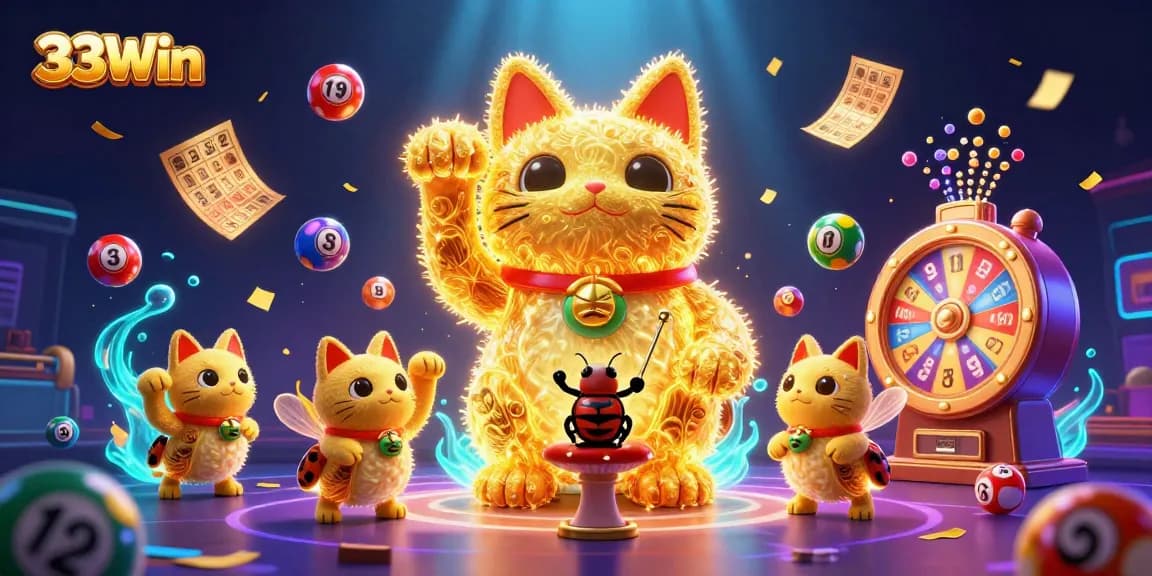 Engage with 33Win's dynamic gaming scene featuring a golden lucky cat and vibrant lottery elements.