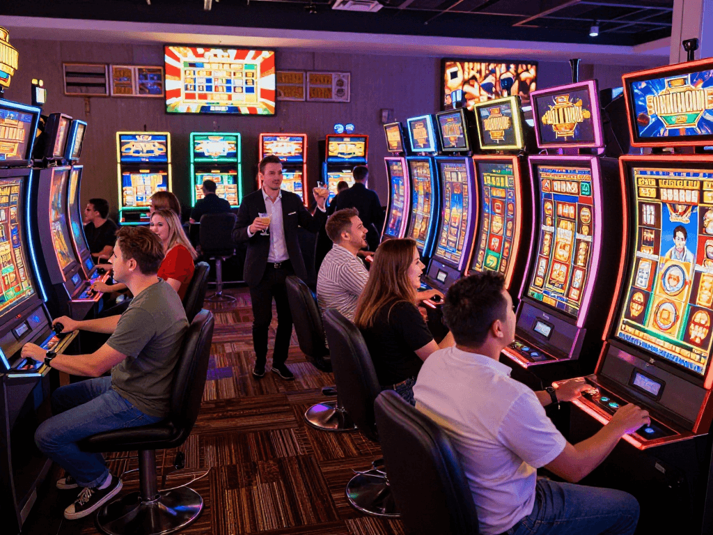 Exciting casino scene with players enjoying slot jackpot games, vibrant lights and lively atmosphere enhancing the experience.