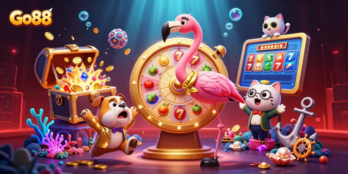 Spin the Go88 prize wheel with the flamingo host and bulldog in a vibrant, cinematic casino scene.