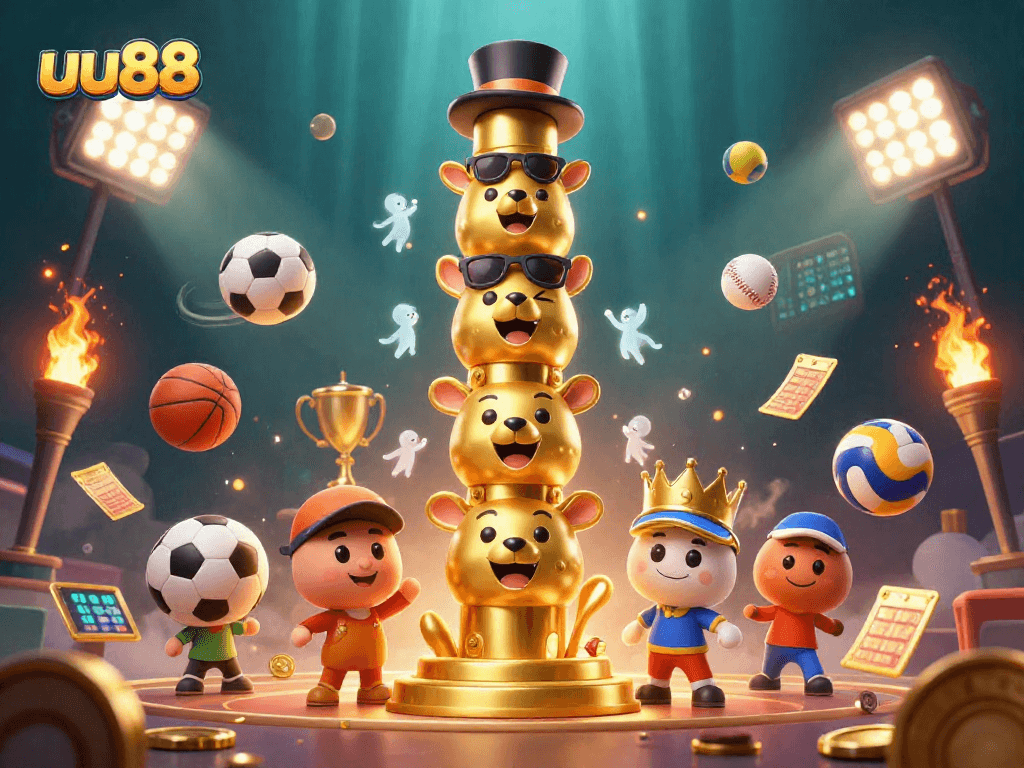 Experience thrilling action with uu88's vibrant 3D casino scene featuring a golden totem pole surrounded by sports elements.