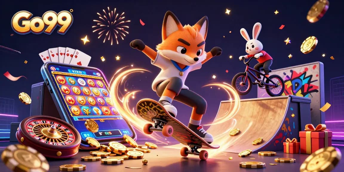 Go99 illustrates a lively casino scene with a skateboard fox and BMX rabbit amidst slot games and poker chips.