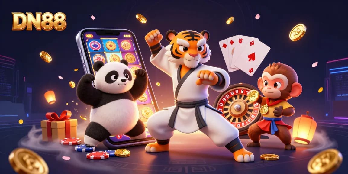 Engage with DN88's vibrant casino scene featuring a kung fu tiger and silliness with a monkey.