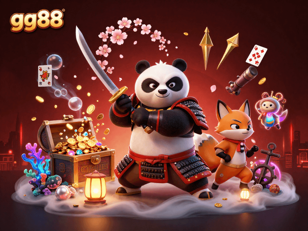 Engage in exciting gameplay with gg88 while featuring a samurai panda, ninja fox, and magical tanuki.