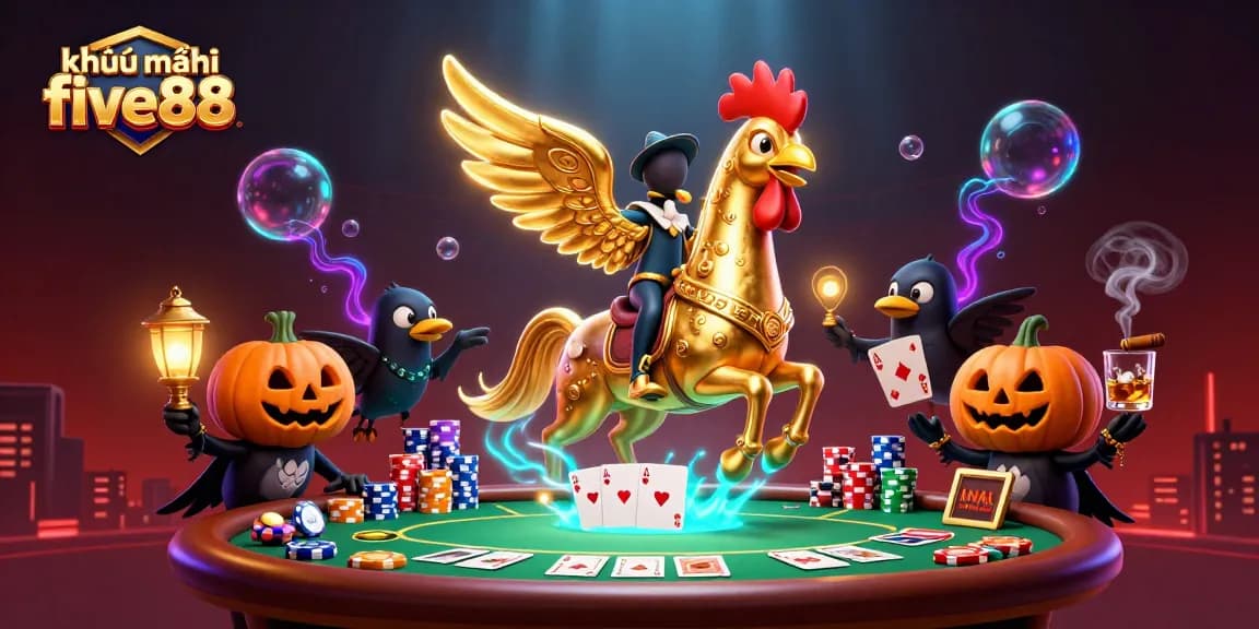 Experience khuyến mãi five88 with a vibrant 3D casino scene featuring unique characters and rich gaming elements.