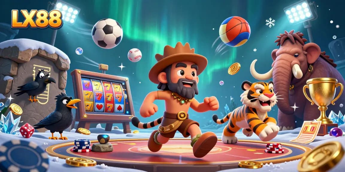 Experience an exciting LX88 casino atmosphere with cavemen, wild creatures, and vibrant betting elements.