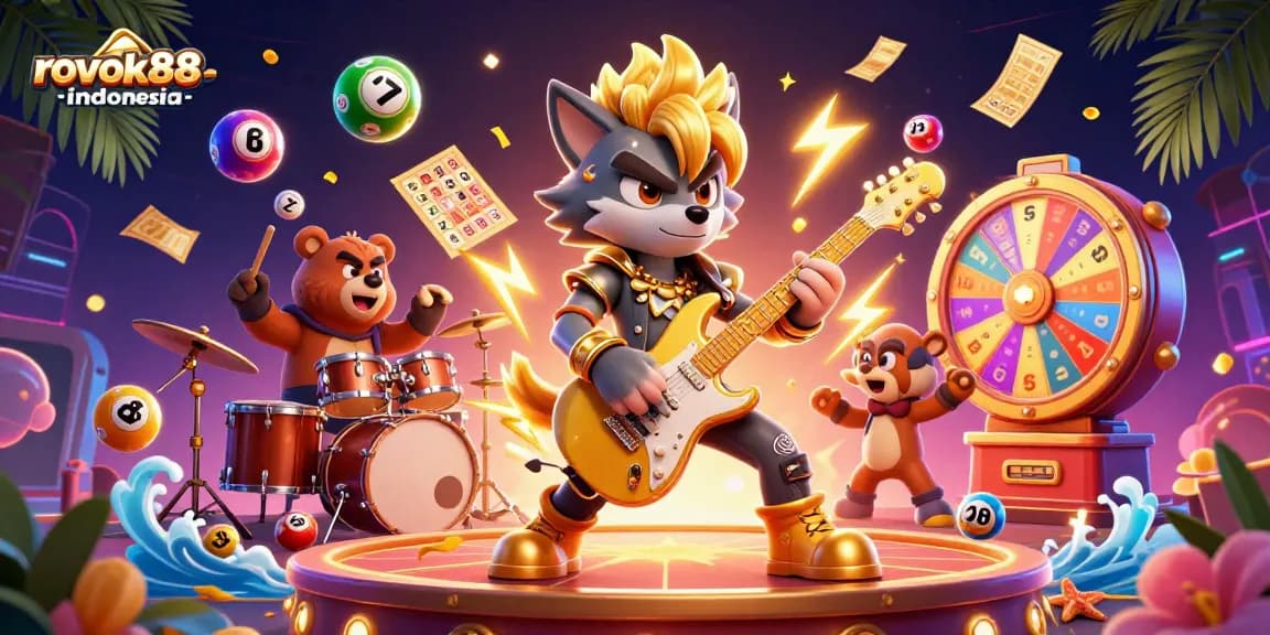 Engage with rokok88-indonesia as the rock star wolf shreds on guitar, amidst a colorful casino scene.