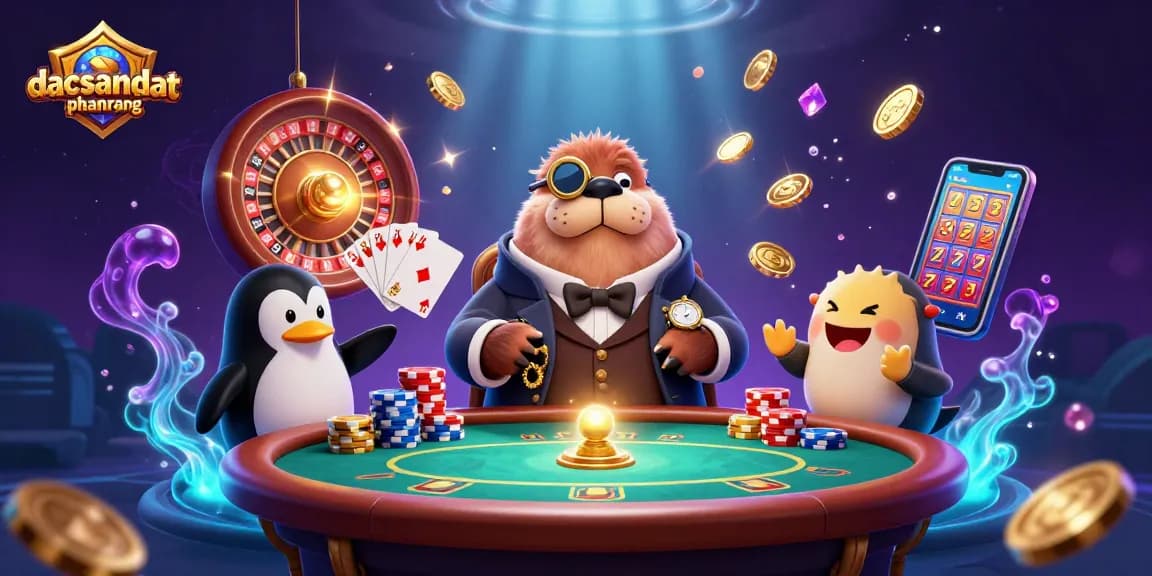 Play exciting games at dacsandatphanrang with a vibrant underwater casino scene featuring a walrus, penguin dealer, and a pufferfish.
