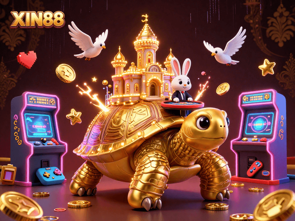 XIN88 offers an exciting visual of a golden tortoise casino, featuring a poker table and flying golden coins.
