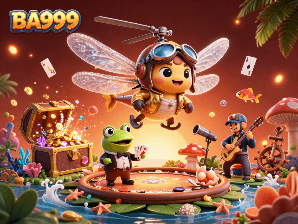 Experience the thrill of gambling with BA999 in this vibrant scene of lively characters and casino elements.