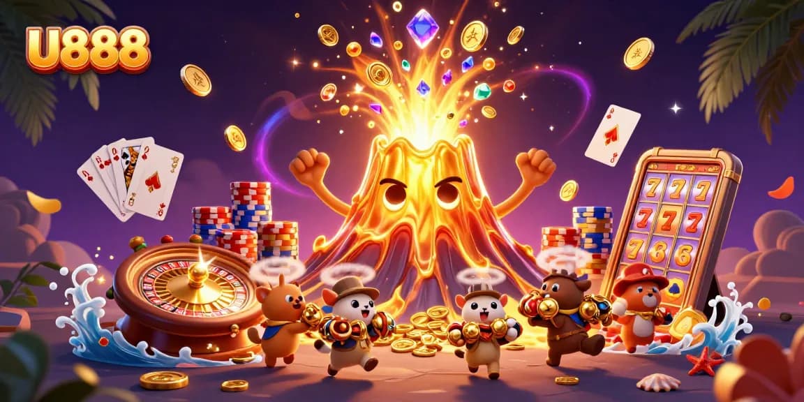 Experience winning moments with U888's vibrant casino adventure showcasing an erupting volcano of treasures.