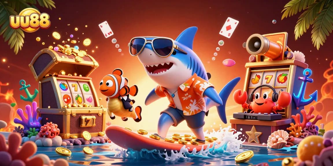 uu88 highlights thrilling casino excitement with a shark surfing gold coins and vibrant gaming elements