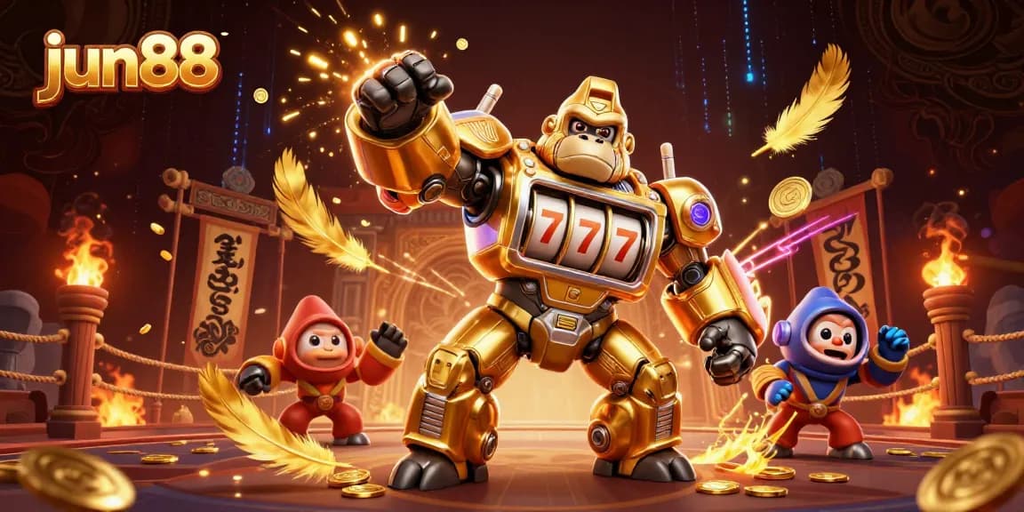 Experience thrilling gaming action at jun88 with a golden gorilla mech and captivating casino elements.