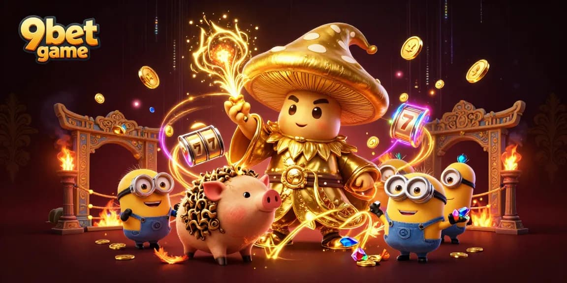 Experience thrilling 9bet game action with golden wizard and treasures in vibrant casino scene.