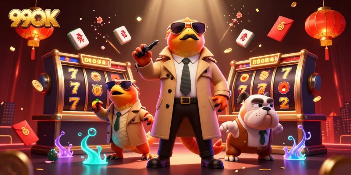 Engage with the vibrant 99OK casino scene featuring raptors in disguise among slot machines.