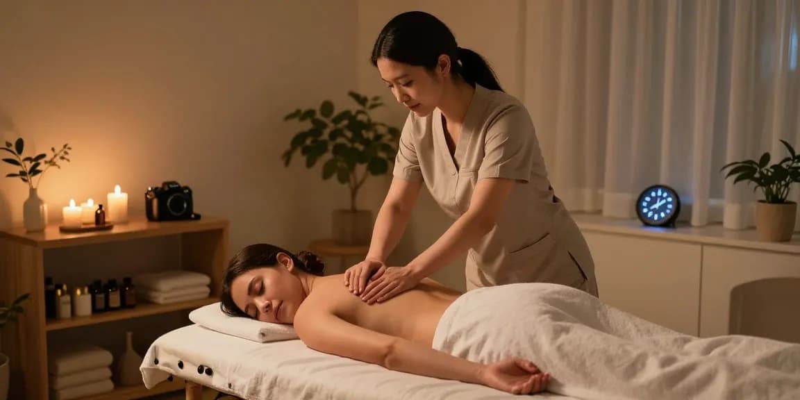Massage therapist providing 출장안마 in a serene home spa setting with warm lighting.