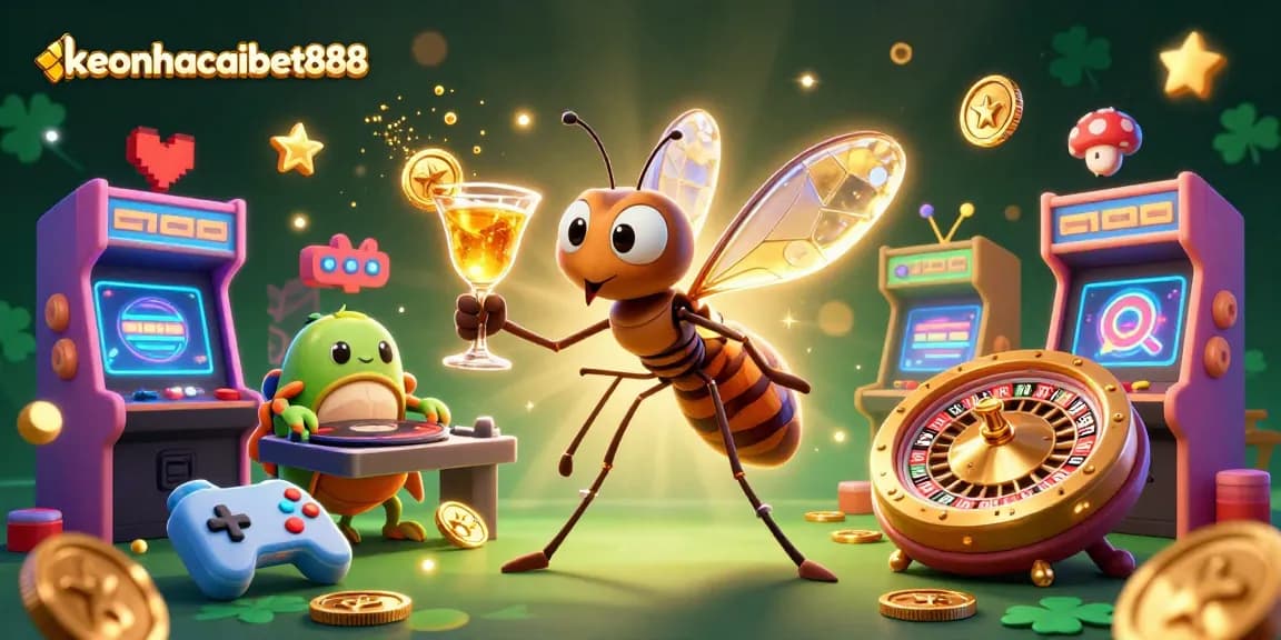 Engage with keonhacaibet888's vibrant casino illustration showcasing animated characters and thrilling game elements.