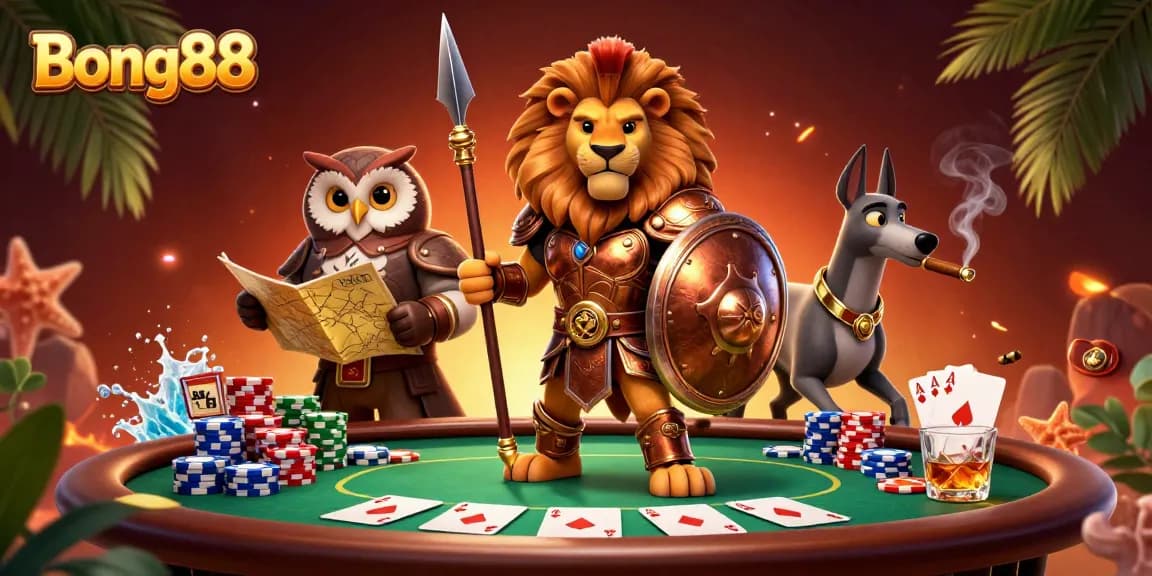 Bong88 showcases a fierce Spartan lion amidst poker tables, flanked by a wise owl and swift greyhound, capturing the thrill of gaming.