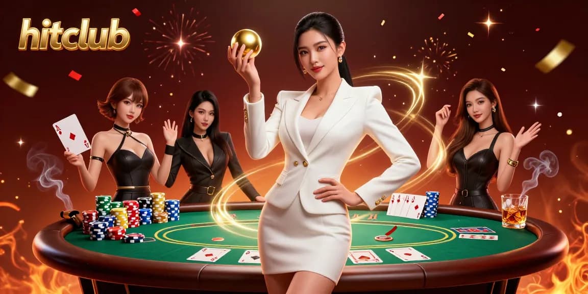 Engage with hitclub's vibrant casino thrill featuring a stylish woman in a tuxedo holding a golden roulette ball.