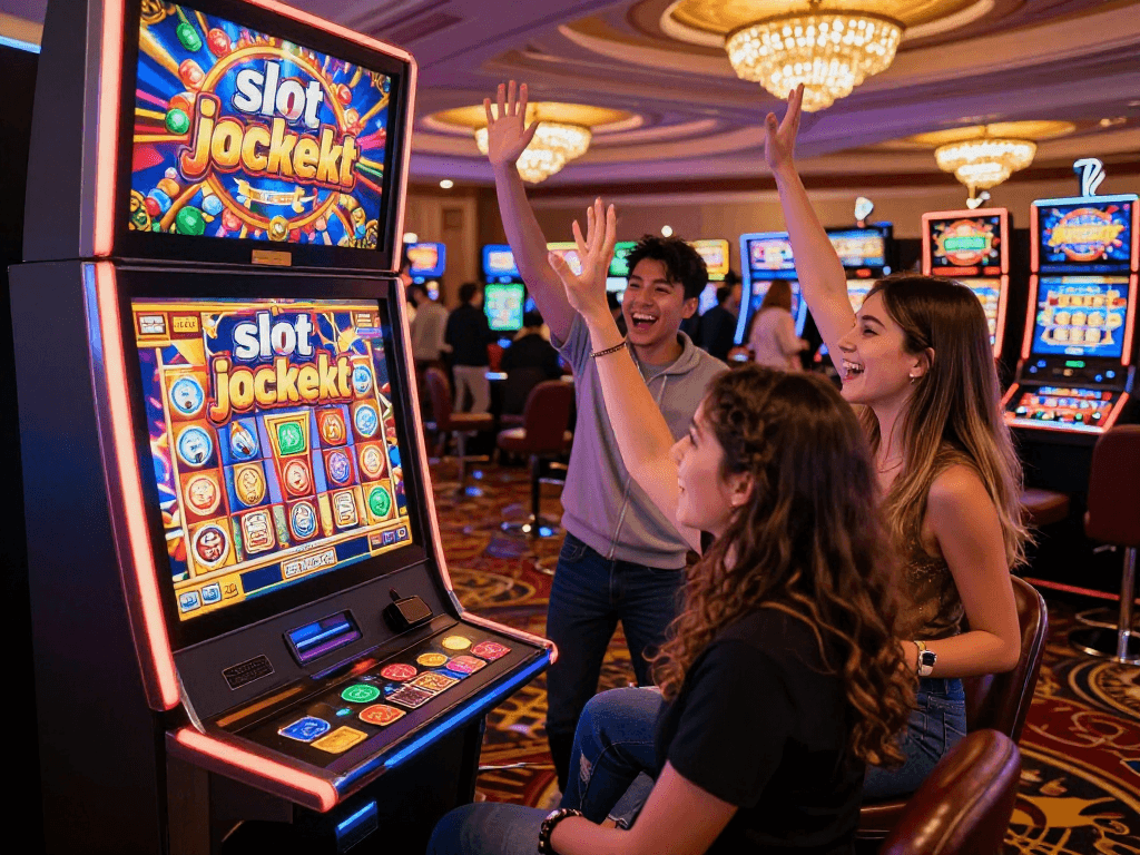 Excited group celebrating a slot jackpot win at a lively casino.
