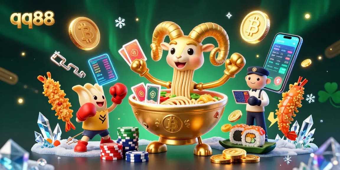 Experience the thrill of qq88 with a vibrant 3D casino scene filled with animated characters and cryptocurrency elements.