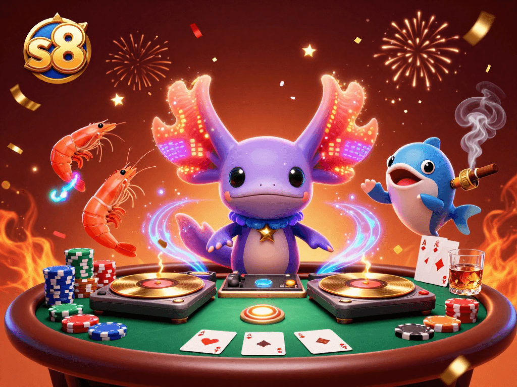 Spin to win big with s8's vibrant casino scene featuring a neon axolotl DJ and poker action.
