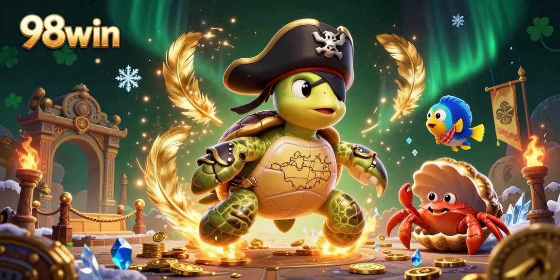 Experience the thrilling world of 98win with this vivid 3D illustration of a pirate turtle amidst treasures and dynamic gaming elements.