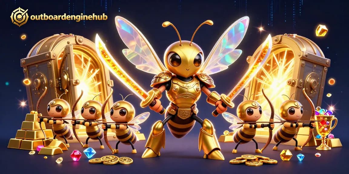 Generate excitement with outboardenginehub's fantasy scene featuring golden hornets and treasure elements.