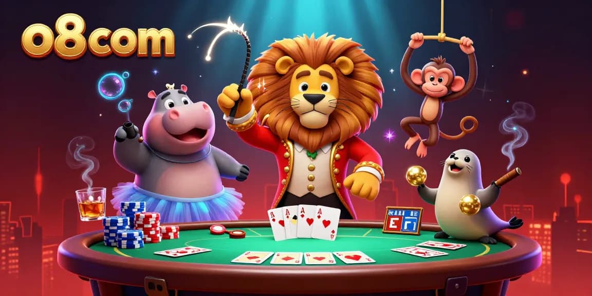 Experience the excitement at o8 com with a vibrant, action-packed casino illustration featuring animals enjoying poker and games.