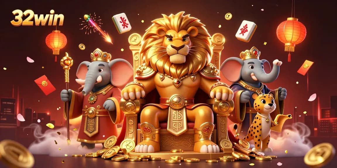Experience the excitement of 32win with a fierce lion king and dazzling casino elements in this vibrant illustration.
