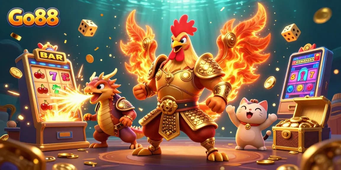 Experience the thrill of Go88 with an epic fighting rooster warrior and dragon, celebrating jackpots and fortunes!