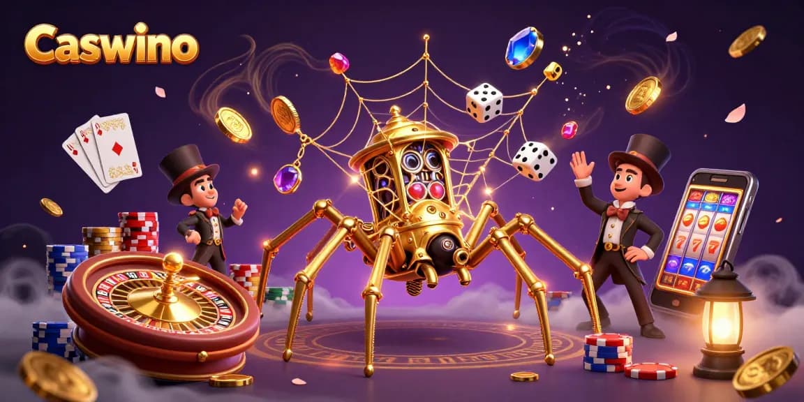 Caswino Casino's steampunk spider ensnares unlucky dice within a web of poker chip nodes amidst gleaming treasures.