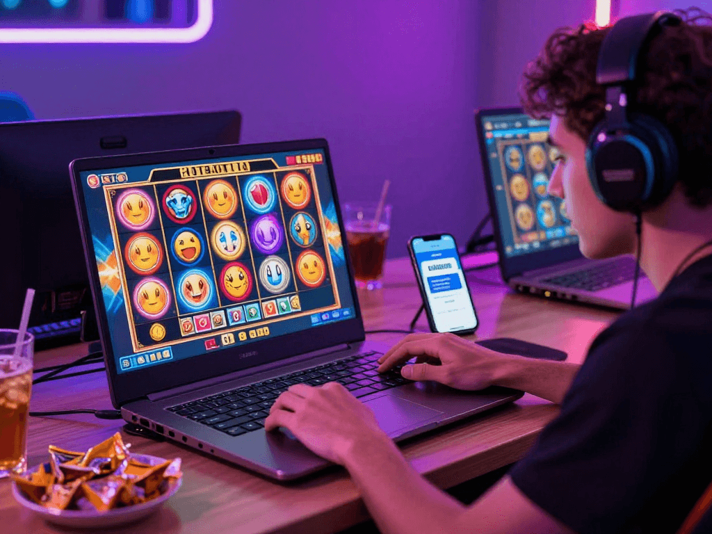 Player enjoying gacor slot games on laptop with app visible