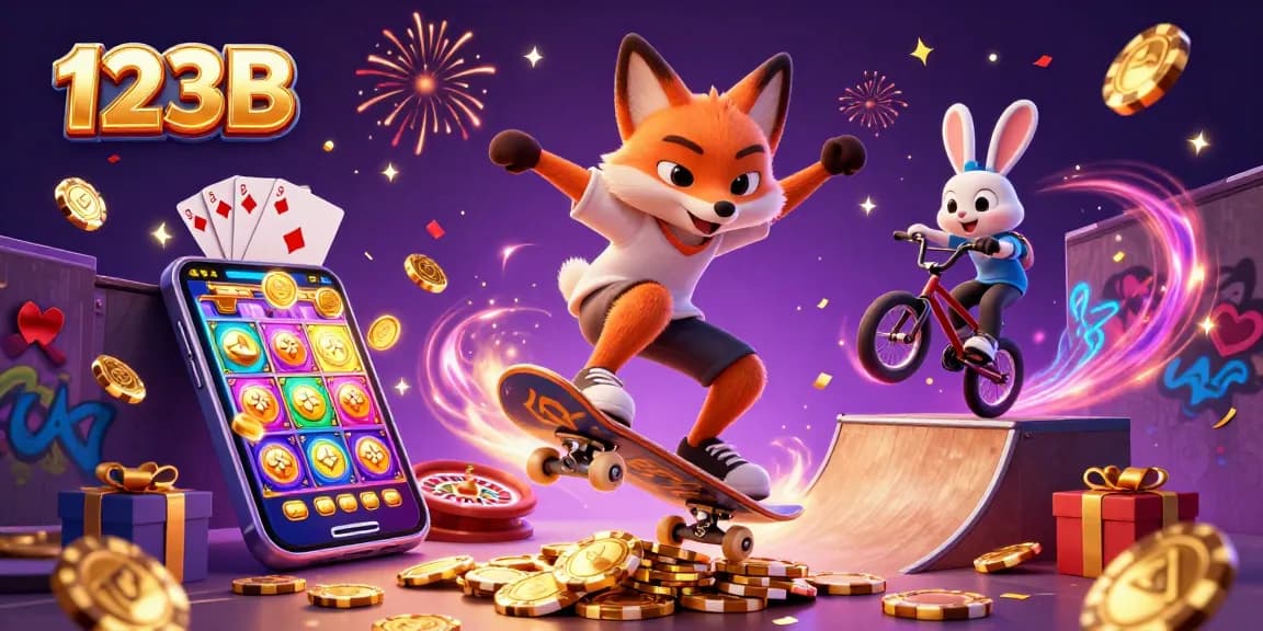 Experience the thrill of 123B with a skateboarder fox and BMX rabbit amidst a vibrant casino scene.