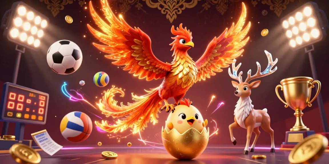Experience thrilling gameplay at mu88 with a dynamic scene featuring a fiery phoenix, sports elements, and gold coins.