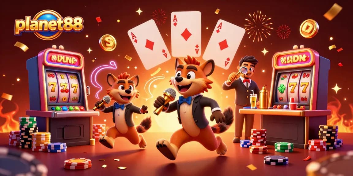 Excite in planet88's lively casino scene featuring hyenas, slot machines, and celebratory elements.