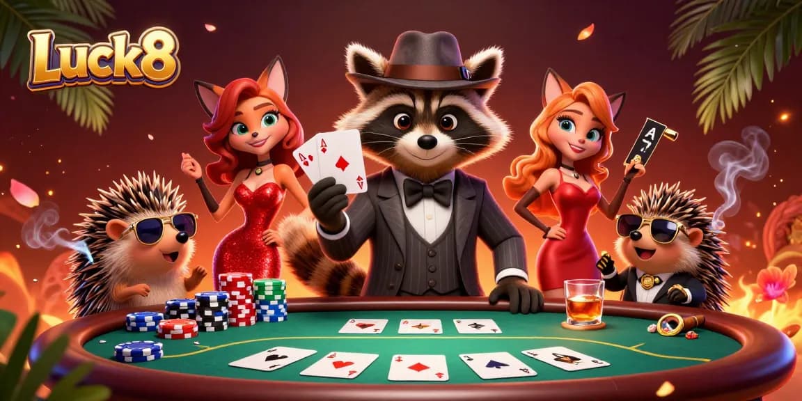 Luck8 showcases a suave raccoon and companions at a poker table, celebrating winning hands.