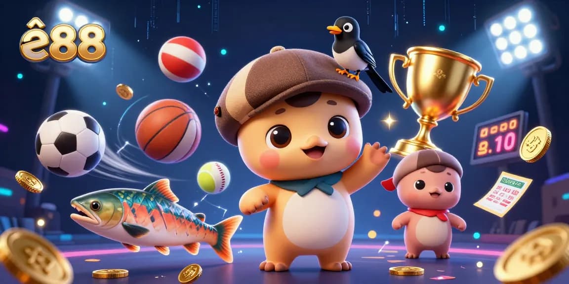 Experience the thrills of gambling with ê88 in a vibrant 3D casino scene featuring playful characters and dynamic elements.