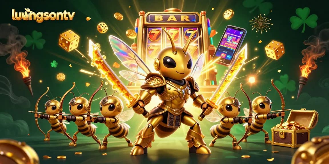 luongsontv showcases thrilling 3D illustration of a golden hornet engaging with dynamic casino game elements.