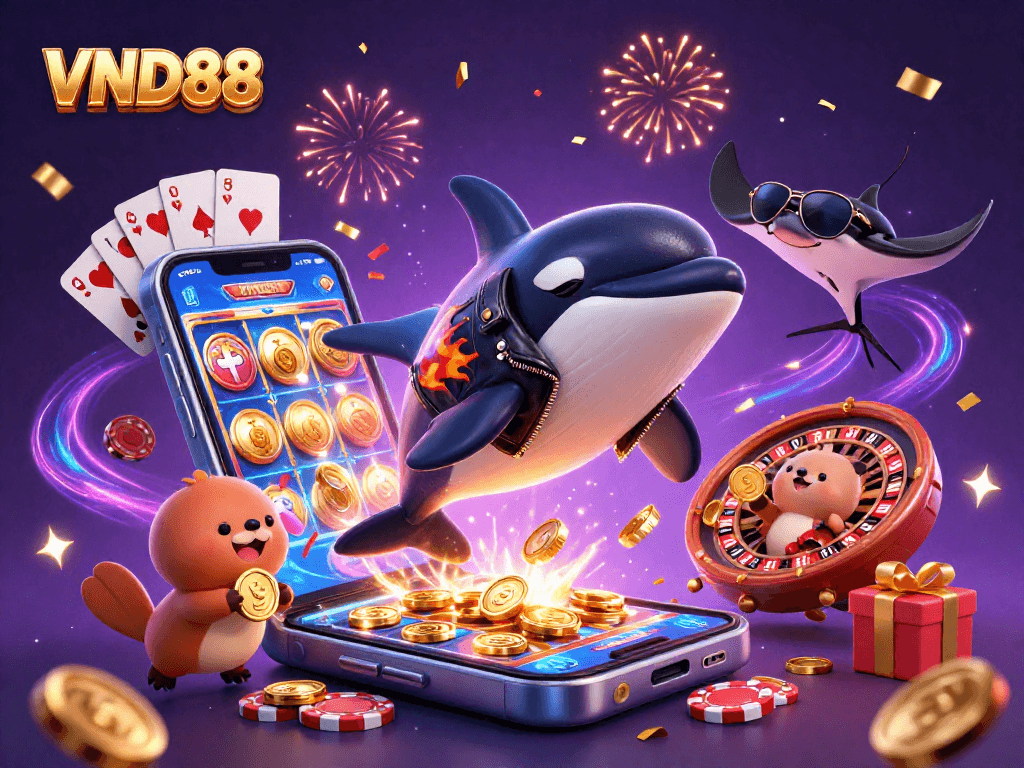 VND88 brings excitement with a cheerful scene of an orca, stingray, and otters amidst casino games.