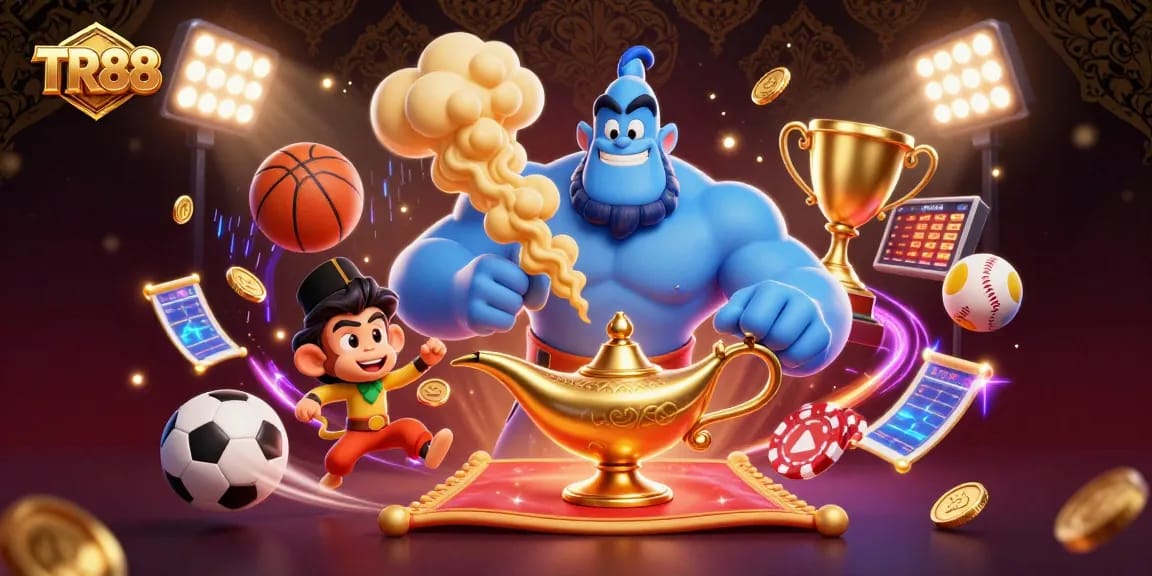 Experience thrilling gaming adventures with TR88 in a vibrant 3D casino scene filled with action and energy.