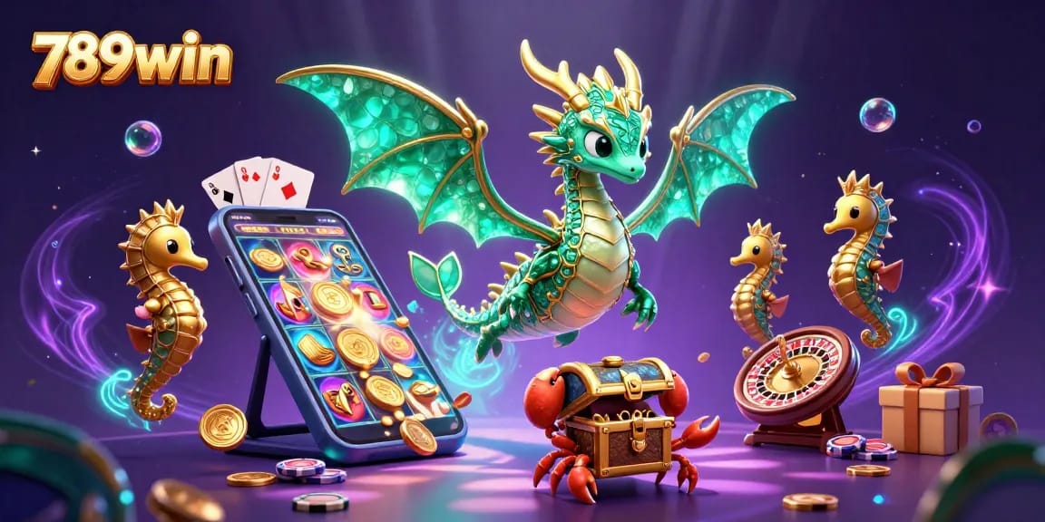 Experience casino excitement with 789win's captivating sea dragon scene filled with slots and treasures.