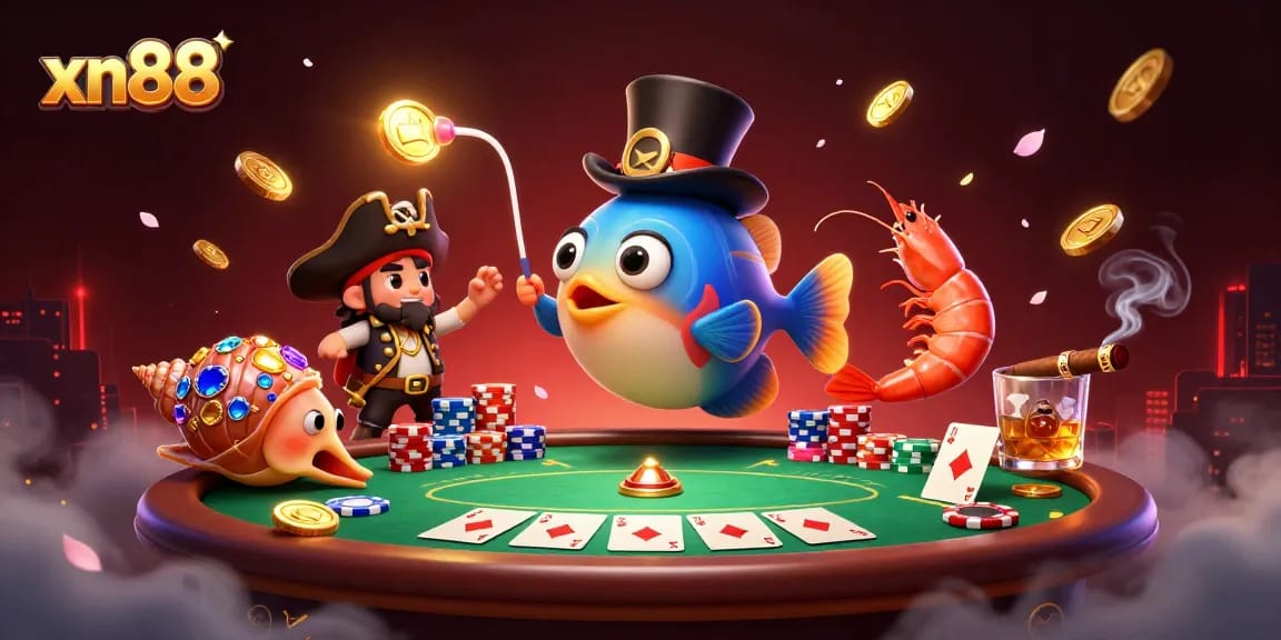 Engage in thrilling play at xn88 with a vibrant 3D scene featuring casino elements and underwater characters.