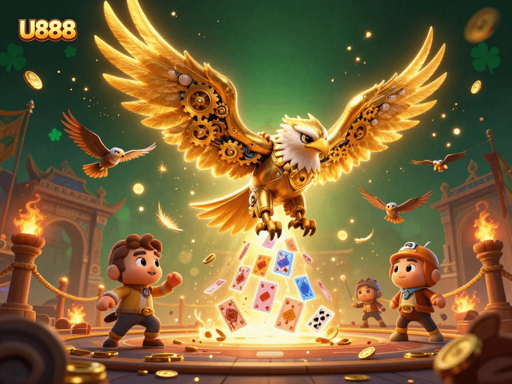 Experience the thrill of U888 with a cybernetic eagle soaring through holographic cards and casino elements