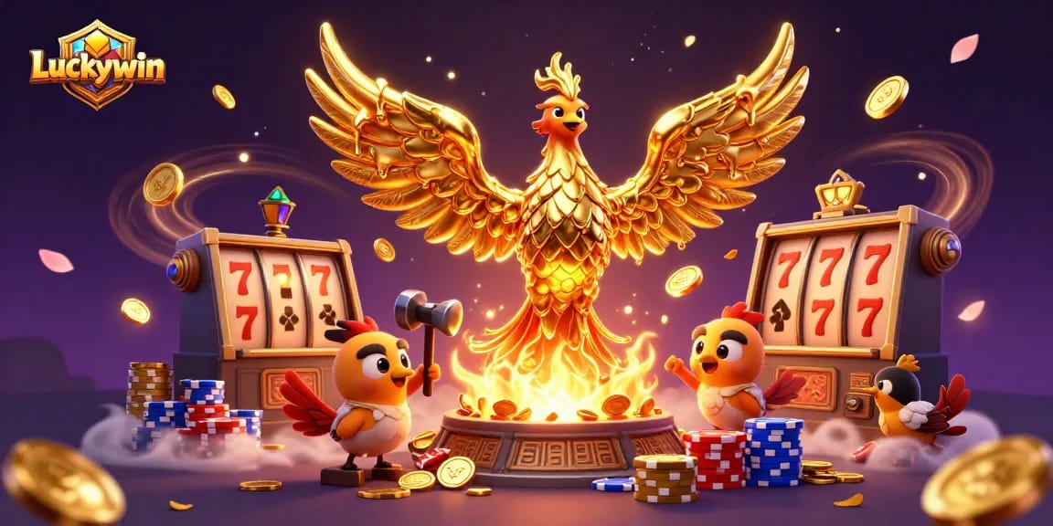 Experience thrilling wins at Luckywin, featuring a molten phoenix and vibrant casino elements!