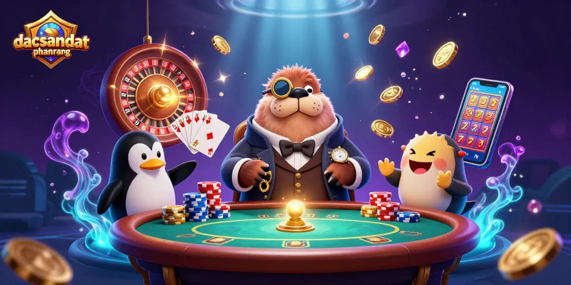 Play exciting games at dacsandatphanrang with a vibrant underwater casino scene featuring a walrus, penguin dealer, and a pufferfish.