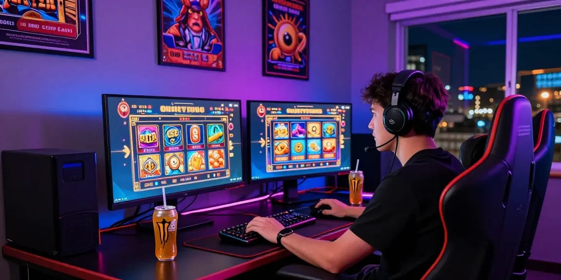 Exciting online gaming environment showcasing a player engaged with situs judi slot on multiple colorful monitors.