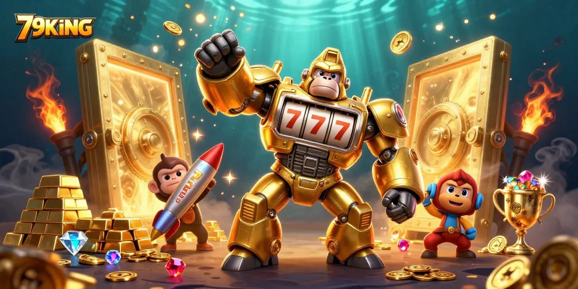 Spin to win with 79KING's vibrant 3D illustration of a golden gorilla mech amidst treasures.